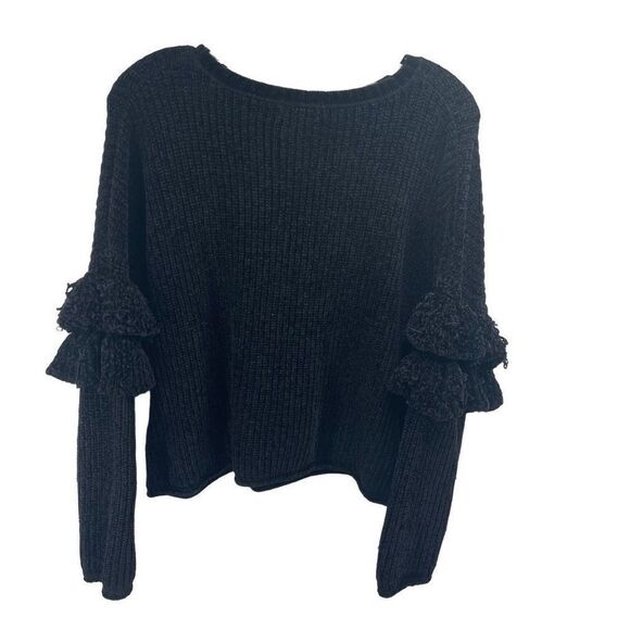 Mossimo Women's Ruffled Sleeve chenille Sweater Rib Knitted Black Size Small - Picture 1 of 10